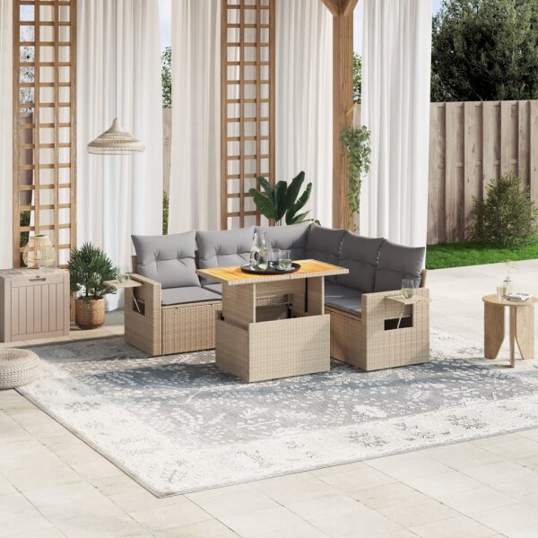 vidaXL 6-tlg. Garten-Sofagarnitur mit Kissen Beige Poly Rattan