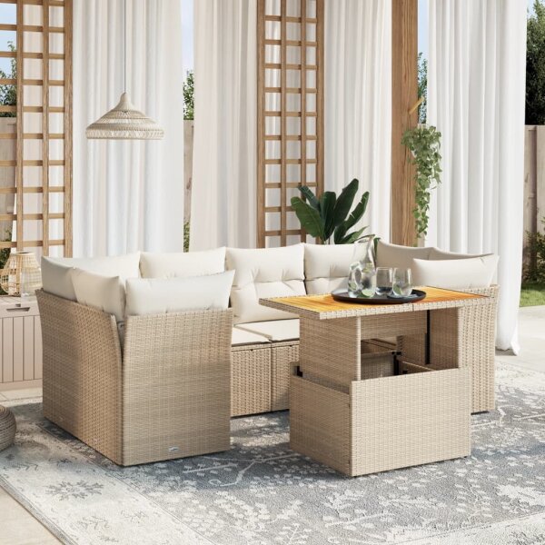 vidaXL 7-tlg. Garten-Sofagarnitur mit Kissen Beige Poly Rattan