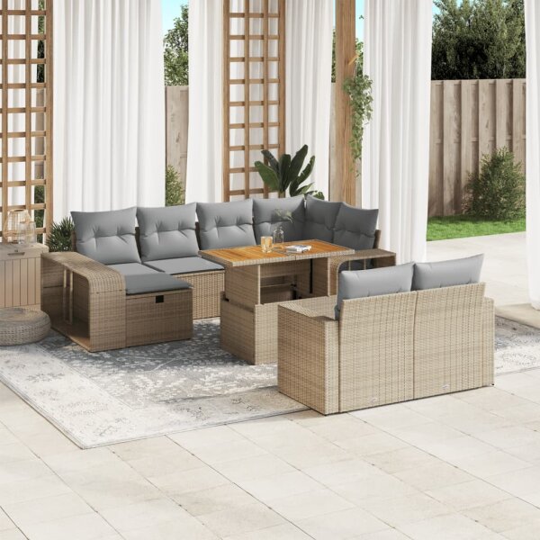 vidaXL 11-tlg. Garten-Sofagarnitur mit Kissen Beige Poly Rattan