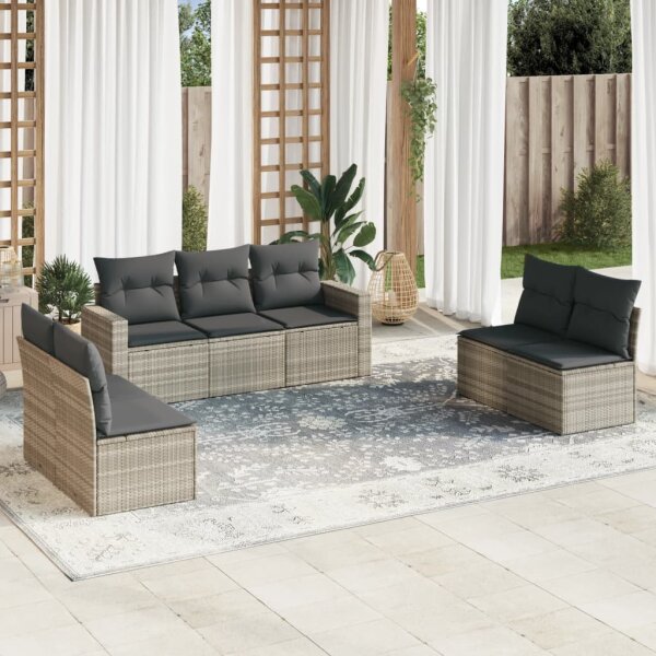 vidaXL 7-tlg. Garten-Sofagarnitur mit Kissen Hellgrau Poly Rattan