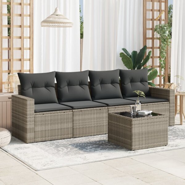 vidaXL 5-tlg. Garten-Sofagarnitur mit Kissen Hellgrau Poly Rattan