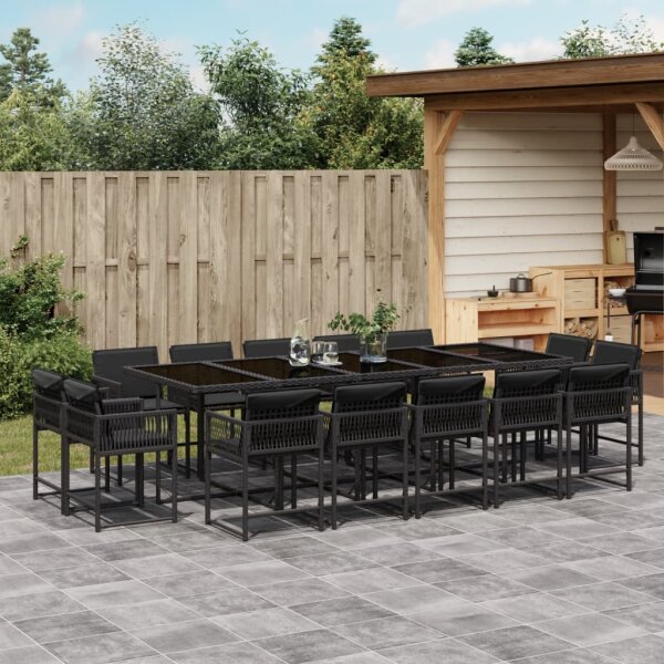 vidaXL 15-tlg. Garten-Essgruppe mit Kissen Schwarz Poly Rattan