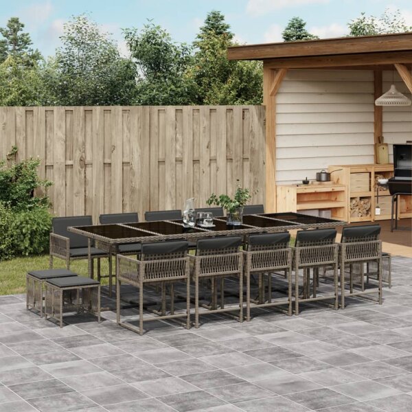 vidaXL 15-tlg. Garten-Essgruppe mit Kissen Grau Poly Rattan