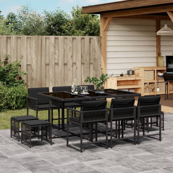 vidaXL 11-tlg. Garten-Essgruppe mit Kissen Schwarz Poly Rattan