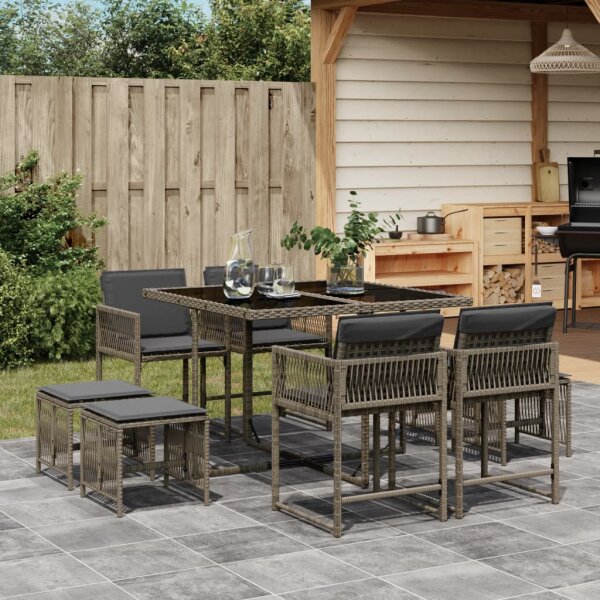 vidaXL 9-tlg. Garten-Essgruppe mit Kissen Grau Poly Rattan