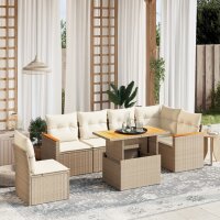 vidaXL 7-tlg. Garten-Sofagarnitur mit Kissen Beige Poly Rattan