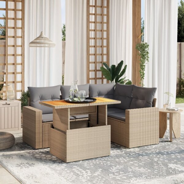 vidaXL 5-tlg. Garten-Sofagarnitur mit Kissen Beige Poly Rattan