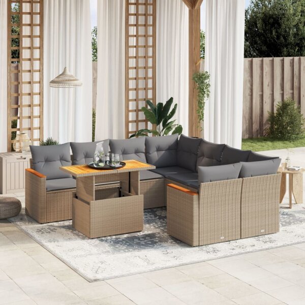 vidaXL 9-tlg. Garten-Sofagarnitur mit Kissen Beige Poly Rattan