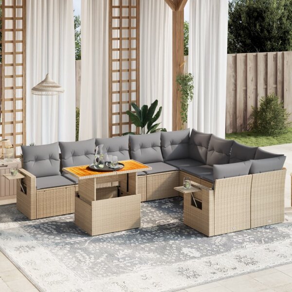 vidaXL 10-tlg. Garten-Sofagarnitur mit Kissen Beige Poly Rattan