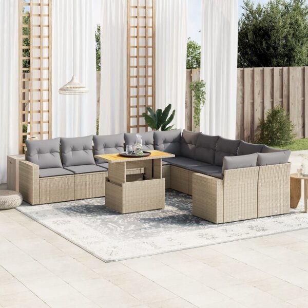 vidaXL 11-tlg. Garten-Sofagarnitur mit Kissen Beige Poly Rattan