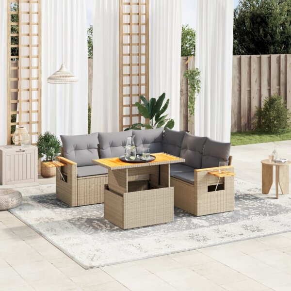 vidaXL 6-tlg. Garten-Sofagarnitur mit Kissen Beige Poly Rattan