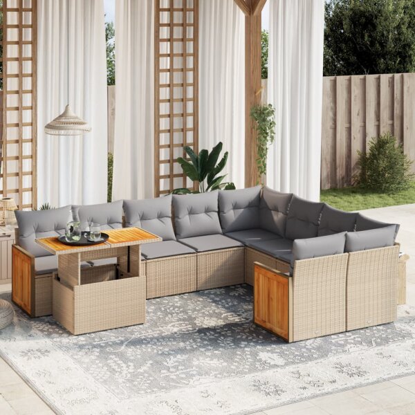 vidaXL 10-tlg. Garten-Sofagarnitur mit Kissen Beige Poly Rattan