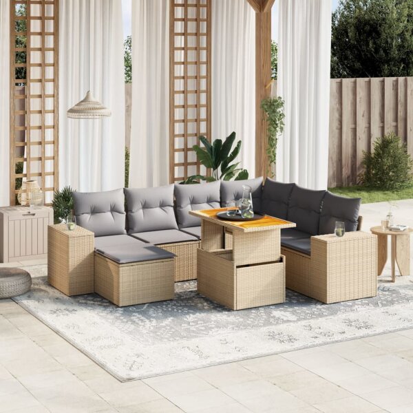 vidaXL 8-tlg. Garten-Sofagarnitur mit Kissen Beige Poly Rattan