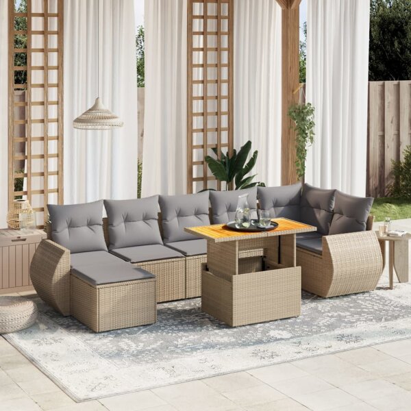 vidaXL 8-tlg. Garten-Sofagarnitur mit Kissen Beige Poly Rattan