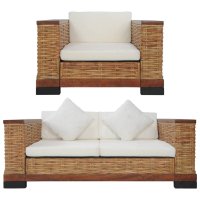 vidaXL 2-tlg. Sofagarnitur mit Auflagen Braun Natur Rattan