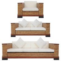 vidaXL 3-tlg. Sofagarnitur mit Auflagen Braun Natur Rattan