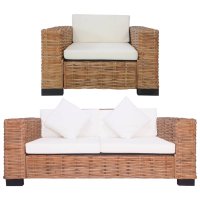 vidaXL 2-tlg. Sofagarnitur mit Auflagen Natur Rattan