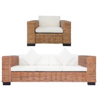 vidaXL 2-tlg. Sofagarnitur mit Auflagen Natur Rattan