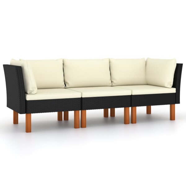 vidaXL 3-Sitzer-Gartensofa mit Kissen Schwarz Poly Rattan