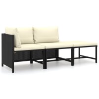 vidaXL 3-tlg. Garten-Lounge-Set mit Kissen Poly Rattan Schwarz