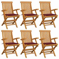 vidaXL Gartenstühle mit Weinroten Kissen 6 Stk. Massivholz Teak