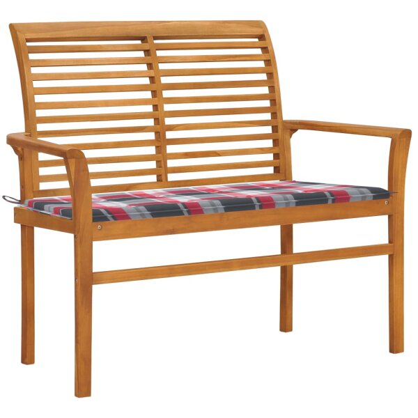 vidaXL Gartenbank Rote Karomuster-Auflage 112 cm Massivholz Teak