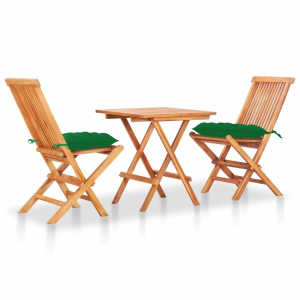 vidaXL 3-tlg. Bistro-Set mit Gr&uuml;nen Kissen Massivholz Teak