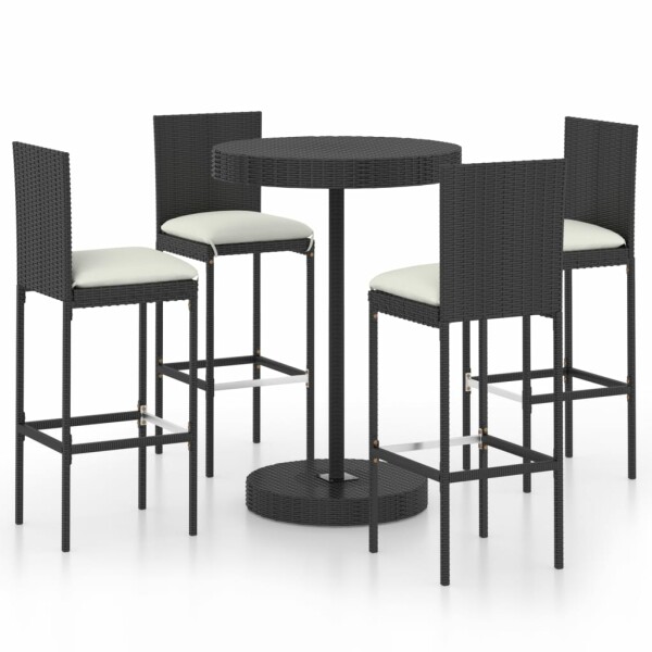 vidaXL 5-tlg. Gartenbar-Set mit Kissen Poly Rattan Schwarz