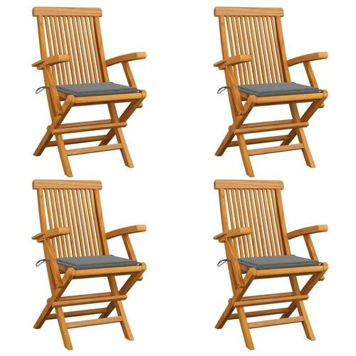 vidaXL Gartenstühle mit Grauen Kissen 4 Stk. Teak Massivholz