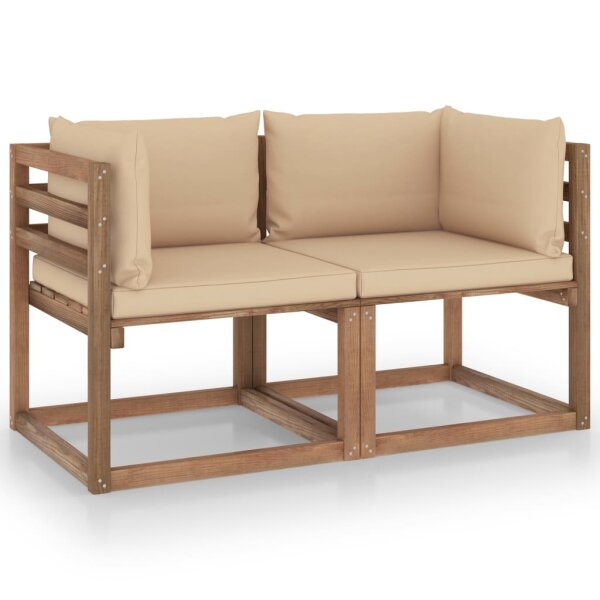 vidaXL Garten-Palettensofa 2-Sitzer mit Kissen Beige Kiefernholz