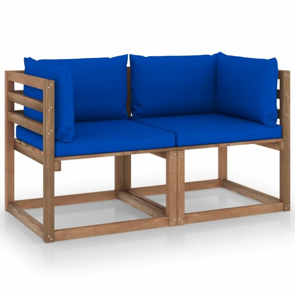 vidaXL Garten-Palettensofa 2-Sitzer mit Kissen Blau Kiefernholz