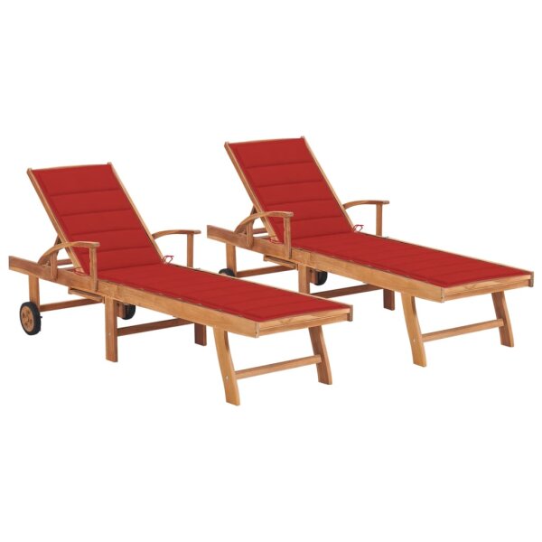 vidaXL Sonnenliegen 2 Stk. mit Auflagen Rot Massivholz Teak