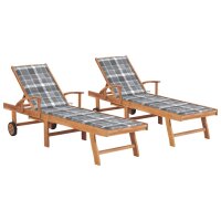 vidaXL Sonnenliegen 2 Stk. Auflagen Graues Karomuster Massivholz Teak