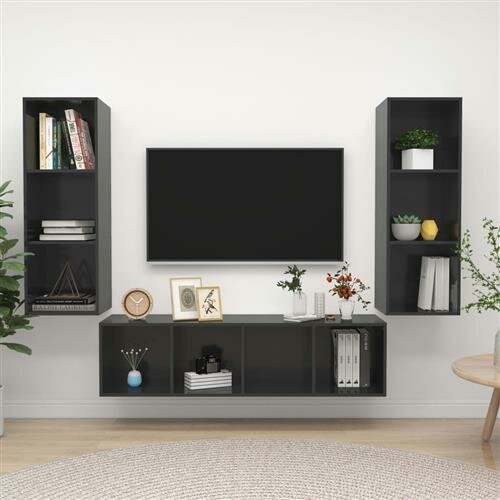 vidaXL 3-tlg. TV-Schrank-Set Hochglanz-Grau Holzwerkstoff