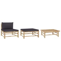 vidaXL 3-tlg. Garten-Lounge-Set mit Dunkelgrauen Kissen Bambus