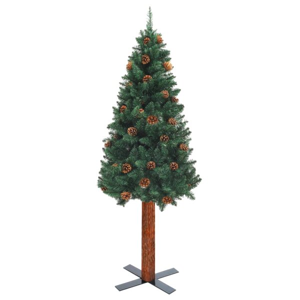 vidaXL Schlanker Weihnachtsbaum mit Echtholz und Zapfen Gr&uuml;n 150cm PVC