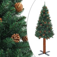 vidaXL Schlanker Weihnachtsbaum mit Echtholz und Zapfen Gr&uuml;n 150cm PVC