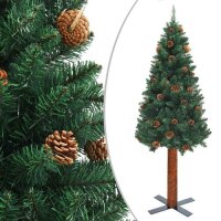 vidaXL Schlanker Weihnachtsbaum mit Echtholz und Zapfen Gr&uuml;n 180cm PVC