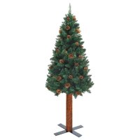 vidaXL Schlanker Weihnachtsbaum mit Echtholz und Zapfen Gr&uuml;n 210cm PVC