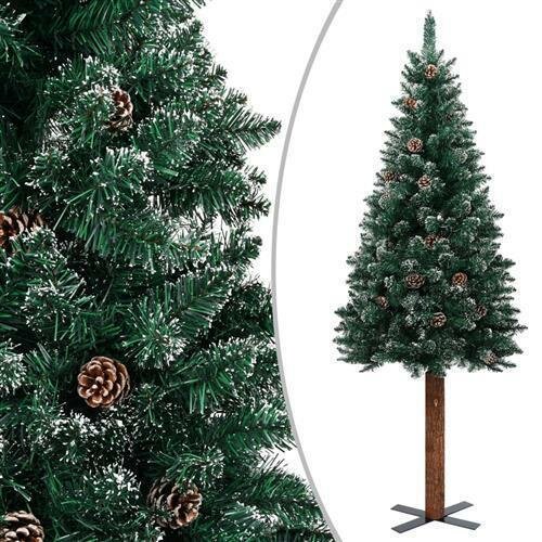 vidaXL Schlanker Weihnachtsbaum mit Echtholz und Schnee Gr&uuml;n 180 cm