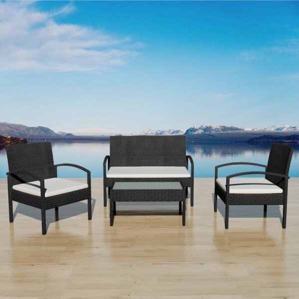 vidaXL 4-tlg. Garten-Lounge-Set mit Auflagen Poly Rattan Schwarz