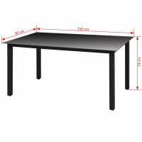 vidaXL Garten-Esstisch Glas Aluminium 150 x 90 x 74 cm Schwarz