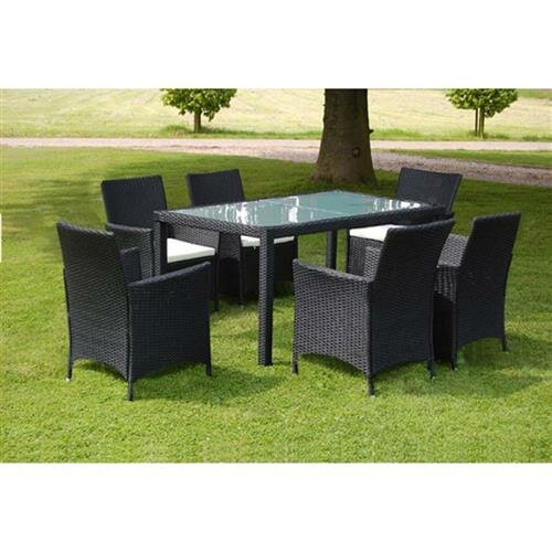 vidaXL 7-tlg. Garten-Essgruppe mit Auflagen Poly Rattan Schwarz