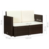 vidaXL 2-Sitzer-Gartensofa mit Auflagen Braun Poly Rattan