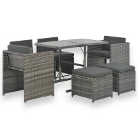 vidaXL 7-tlg. Garten-Essgruppe mit Kissen Poly Rattan Grau