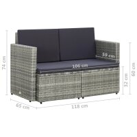 vidaXL 2-Sitzer-Gartensofa mit Auflagen Grau Poly Rattan