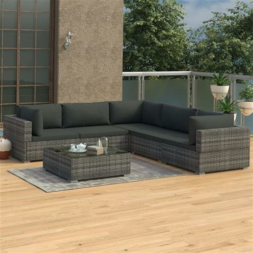 vidaXL 6-tlg. Garten-Lounge-Set mit Auflagen Poly Rattan Grau