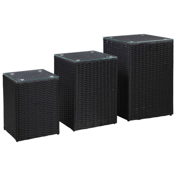 vidaXL Beistelltische 3 Stk. mit Glasplatte Schwarz Poly Rattan