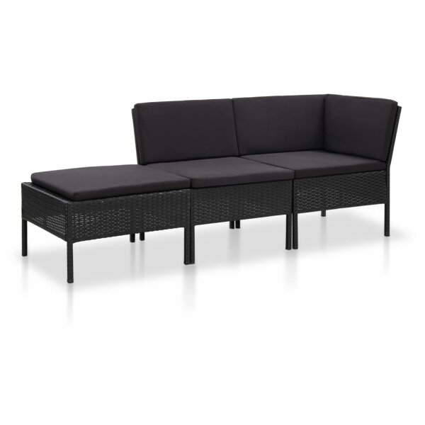 vidaXL 3-tlg. Garten-Lounge-Set mit Auflagen Poly Rattan Schwarz