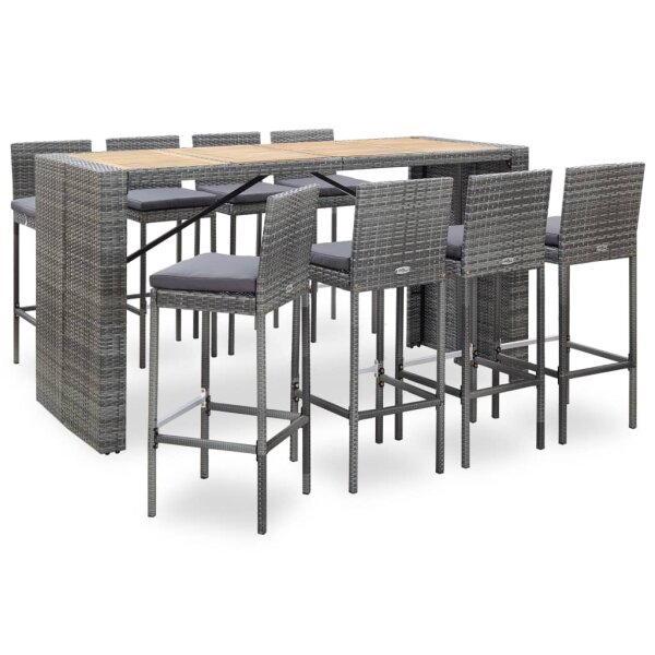 vidaXL 9-tlg. Garten-Bar-Set Poly Rattan und Akazienholz Grau